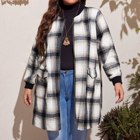 NEW! PLUS Size Black Plaid Flap Pocket Zipper Bomber Lightweight Overcoat Winter - Picture 2 of 4